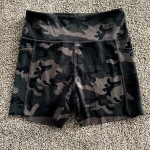 ZYIA Active Biker Shorts Womens Size S Black Gray Camo High Rise Pockets